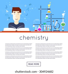 Back to school, the student in chemistry class is reading textbook. Flat design vector illustration.