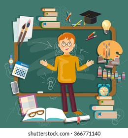 Back to school student education subjects schoolboy blackboards vector illustration 
