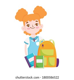 back to school, student girl backpack books elementary education cartoon vector illustration