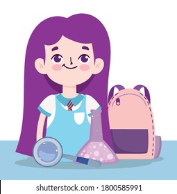 back to school, student girl bag chemistry flask and magnifier elementary education cartoon vector illustration
