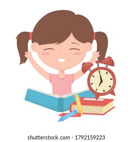 back to school, student girl with clock books and pencils education cartoon vector illustration