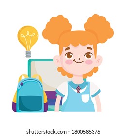back to school, student girl computer monitor and backpack elementary education cartoon vector illustration