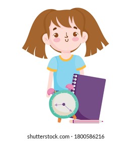 back to school, student girl notebook clock time elementary education cartoon vector illustration