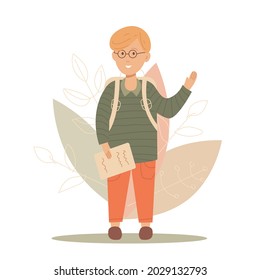 De vuelta a la escuela. El estudiante va a la escuela con un libro. Ilustración vectorial plana