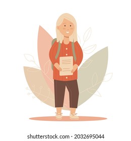 Back to school. Student goes to school with book. Flat vector illustration