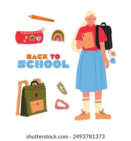 Back to school student hand drawn vector illustration set for education, online learning, reading book, school and courses. International education day, teachers day concept art.