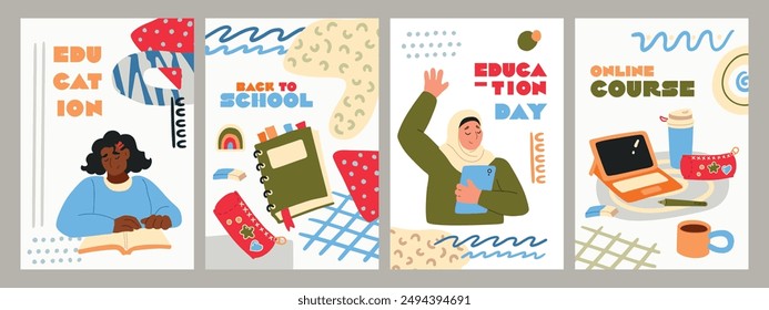 Back to school student hand drawn vector illustration poster set for education, online learning, reading book, school and courses. International education day, teachers day concept art.