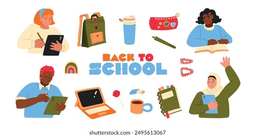 Back to school student hand drawn vector illustration set for education, online learning, reading book, school and courses. International education day, teachers day concept art.