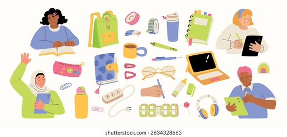 Back to school student hand drawn vector illustration set for education, online learning, reading book, school and courses. International education day, teachers day concept art.