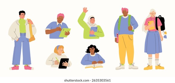 Back to school student hand drawn vector illustration set for education, online learning, reading book, school and courses. International education day, teachers day concept art.