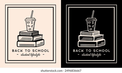 Back to school student lifestyle rectangular sticker poster print decor quotes vintage retro dark academia aesthetic iced latte coffee book pile stationery university study illustration cut file.