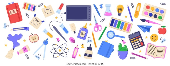 Back to school. Student object, study education. Element background science, icon design. Paper, book, globe, plasticine and paints, sticker collection. Vector garish cartoon isolated illustration