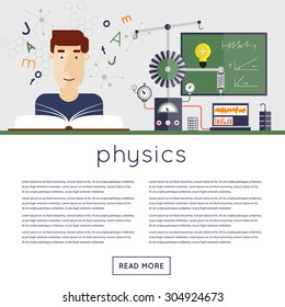 Back to school, the student in physics class reading textbook. Flat design vector illustration.