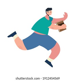 back to school, student running with book in hand vector illustration