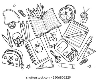Back to School, student supplies  coloring page 