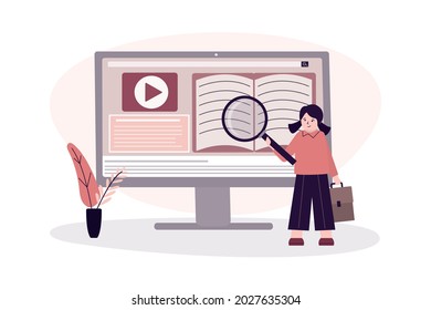 Back to school. Student uses magnifying glass and look for information. Pupil searching for courses or webinar on computer screen. Technology online search concept. E-learning. Vector illustration
