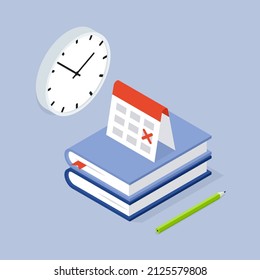 Back to school student workplace exam preparation isometric vector illustration. Stack of book, pencil, calendar and clocks. Knowledge information, exam preparation, time management and deadline.