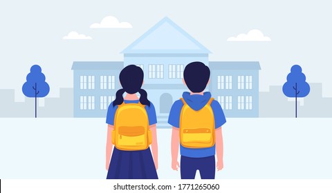 De vuelta a la escuela. Estudiantes escolares. Construcción escolar. Vector