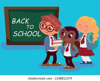 back to school students and chalkboard
