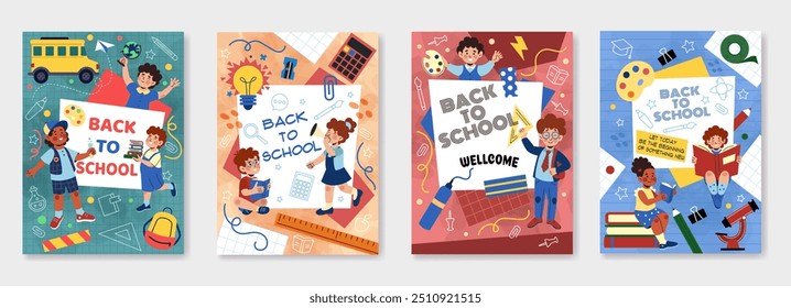 Regreso a la escuela. Diseño de Anuncios de educación de estudiantes. Niños felices estudiando. Dibujo del tablero. Niños del jardín de infantes. Lee libros. Papelería y cuadernos. Aprendizaje en la academia. Conjunto de carteles de bienvenida ordenados de Vector