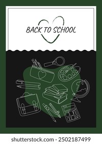 Back to school. Students education poster. Line books and stationery. College knowledge. Pupils studying tools. Love college. Backpack with textbooks and notepads. Paints palette. Vector banner design