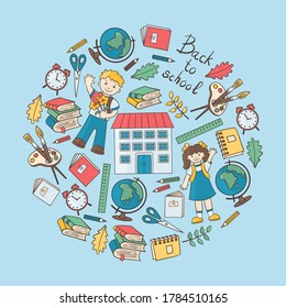 Back to school: students, globe, alarm clock, notebook, book, pencil, etc. in a circle on a blue background, for the design and decoration of covers, packaging, print on textiles