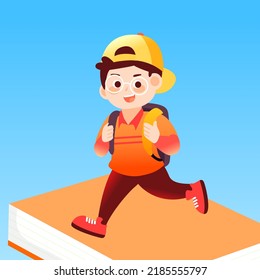 Back to school, students happy going to school, school and books in the background, vector illustration