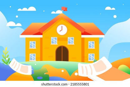 De vuelta a la escuela, los estudiantes felices de ir a la escuela, a la escuela y a los libros en segundo plano, ilustración vectorial