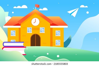 De vuelta a la escuela, los estudiantes felices de ir a la escuela, a la escuela y a los libros en segundo plano, ilustración vectorial