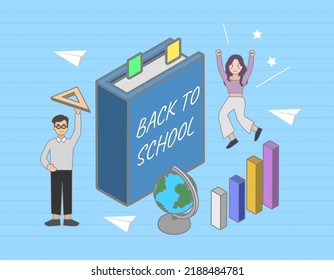 Back to school. Students holding school stationery. Sketchy background with hand drawn school supplies. Template for design. Funny cartoon characters.