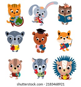 Back to school. Students little animals set. White background, isolate. Vector illustration.