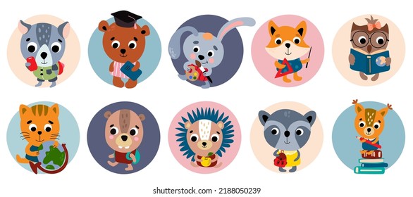Back to school. Students little animals set. White background, isolate. Vector illustration.