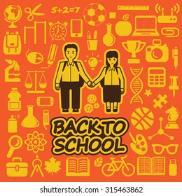 Back to school. Students on the background of a variety of stylized characters (school subjects)