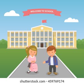 Back to school. Students on the background of the school yard. Boy pupil cares for his girlfriend. Schoolboy offers to carry her schoolbag his classmate.