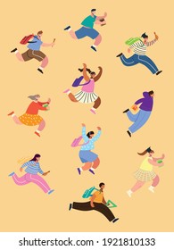 back to school students running to study, classmates with backpacks vector illustration