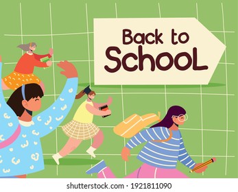 back to school students running to study and education vector illustration