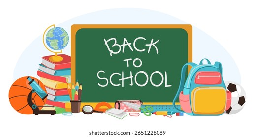 De volta à escola. Artigos de papelaria e livros para estudantes. Quadro de notas. Mochila com material de escritório. Ensino superior. Quadro negro de classe. Microscópio e esfera. Aprendizagem do conhecimento. Conceito de vetor