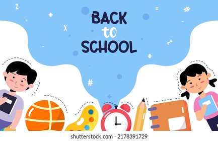 Back to School with Students and Stationery Vector Banner 