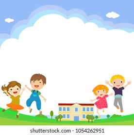 Back to school students vector characters funny boys and girls kids jumping