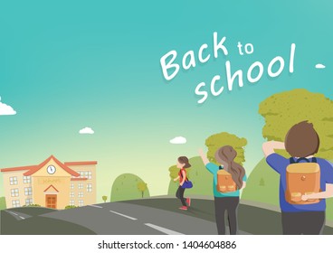 Back to school, students walk to school, people diversity character vector cartoon, greeting card poster and background