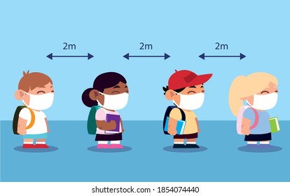 back to school, students wearing mask face shield stay keep distance vector illustration