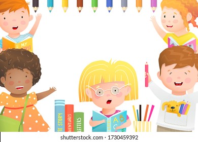 Back to school study and education concept banner design. Cute happy little children, elementary school or kindergarten background with pencils, books, reading and drawing activities. Vector cartoon.