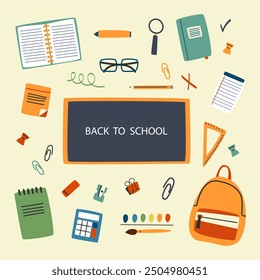 Back to school, study items, school stationery set.