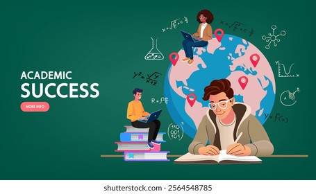Back to school, Study, Learning, Knowledge and Education vector concept. World map background. Calculation formula. international schools. world book day. Study at university. vector illustration.