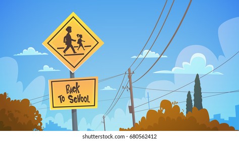 Back To School Study Road Sign Over Blue Sky Flat Vector Illustration