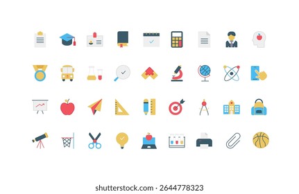 Back to school, study of student, graduation hat, homeschooling and learning in classroom color icon set. Textbook and ruler, calculator and clipboard, graduate award flat vector illustration