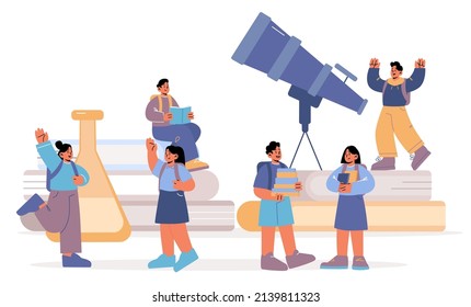 Back to school, studying and education concept with students kids at huge books piles, telescope and chemical beaker read, learning classes, communicate, pupils children Line art vector illustration