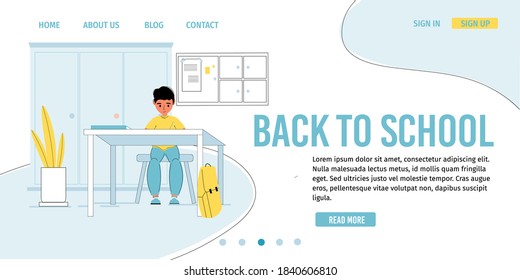 Back to school for studying getting knowledge landing page. Little preteen schoolboy sitting at classroom desk. Pupil boy on lesson. Education, teaching class for children. Platform for learning