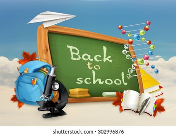 Back to school, studying and teaching, education and knowledge, vector illustration on white and blue background