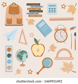 Back to school. School stuff pattern. textbooks, notebooks, apple, globe, autumn leaves,
